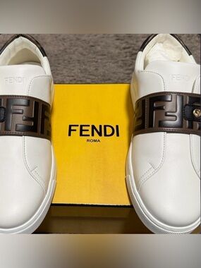 Fendi White Leather Slip-On Sneakers with Brown FF Band